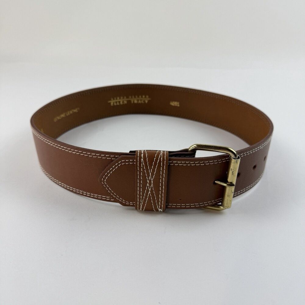Linda Allard Ellen Tracy Belt M Cognac Brown Gold Buckle Double Stitch 2 " Wide